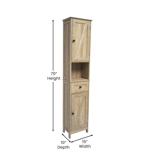 Flash Furniture Freestanding Bathroom Linen Tower Storage Cabinet, Brown | Farmhouse, Magnetic Close Doors, 2 Adjustable Shelves, Open Display Shelf - color: Brown