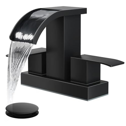 gotonovo Waterfall 4’’ Centerset Bathroom Sink Faucet Matte Black | 2 Handle Bathroom Faucet,SUS304,2 or 3 Hole,2.17’’ Wide Spout,24’’ cUPC Water Line,Pop Up Drain,Vanity,RV,Lavatory Modern Tap - color: Black