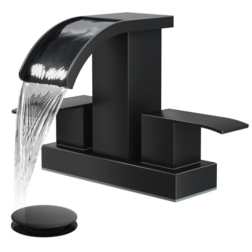 gotonovo Waterfall 4’’ Centerset Bathroom Sink Faucet Matte Black | 2 Handle Bathroom Faucet,SUS304,2 or 3 Hole,2.17’’ Wide Spout,24’’ cUPC Water Line,Pop Up Drain,Vanity,RV,Lavatory Modern Tap - color: Black
