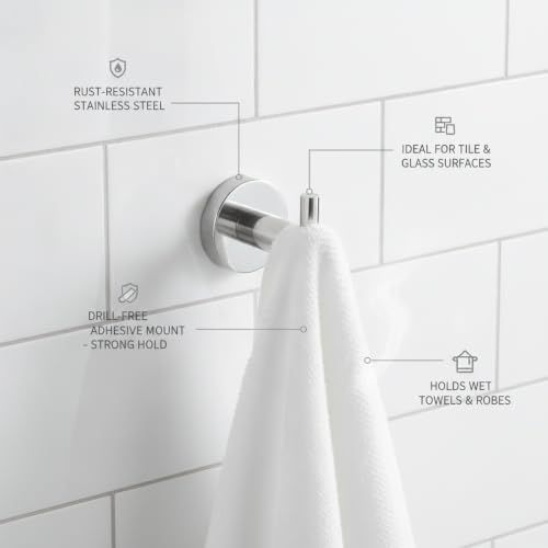 Wall Hook Stainless Steel Adhesive Mount for Bathroom Tile and Glass, Drill-Free Holder for Wet Towels and Robes (1 Piece) - size: 2.64 x 1.97 x 2.44 in