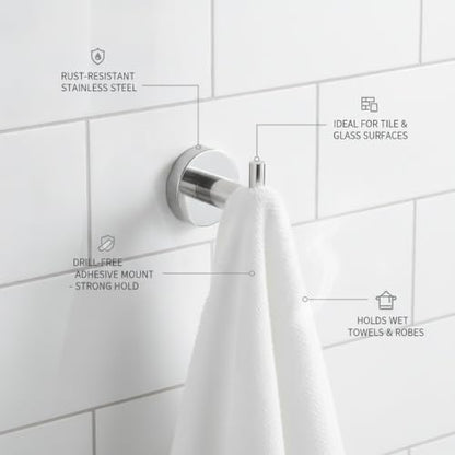 Wall Hook Stainless Steel Adhesive Mount for Bathroom Tile and Glass, Drill-Free Holder for Wet Towels and Robes (1 Piece) - size: 2.64 x 1.97 x 2.44 in
