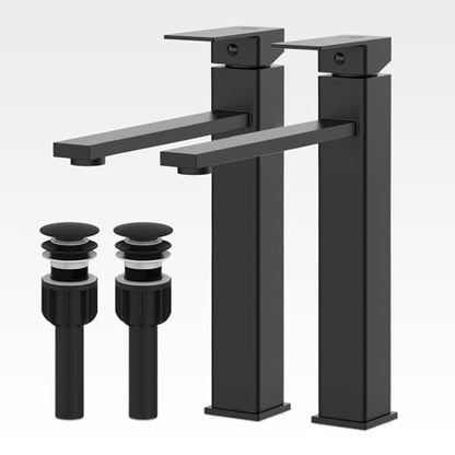 Bathroom Faucets(2 Sets),Matte Black Bathroom Faucet with Pop-up Drain and Supply Hoses,Single Hole High Barrel Vanity Faucet for Vessel Sink,Single Handle Stainless Steel RV Faucet - color: 1.Matte Black, style: Tall*2