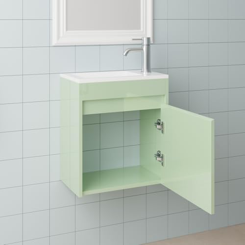 wonline 16" Floating Bathroom Vanity with Sink, Wall Mounted Resin Basin Cabinet Combo for Small Bathrooms, High Gloss Green, Includes Chrome Faucet & Pop Up Drain - color: Green