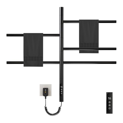 180°Rotation Electric Heated Towel Rack Wall Mounted Towel Warmer Racks 5 Bars Hardwired & Plug-in Hot Towel Rack with 1H-9H Timer for Home Bathroom Salons and Spas (Black) - color: Black, size: G63