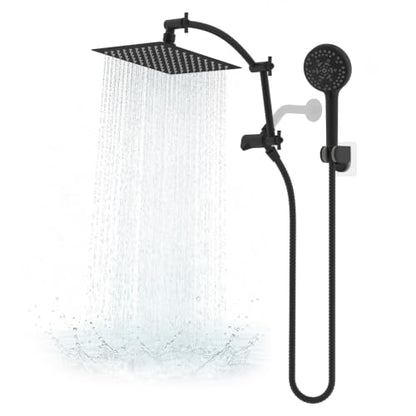 Hibbent All Metal 8" High Pressure Rain Shower Head Combo, Matte Black | cUPC Certified Rainfall Shower Head with handheld 10 Sprays, 16'' Adjustable Extension Arm, 71'' Hose, Showerhead Holder - color: Matte Black, style: Square 8''