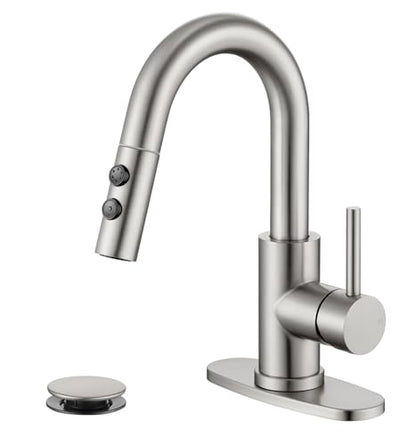 Brushed Nickel Bathroom Faucet with Pull Down Sprayer, 2 Flow Mode | Modern Stainless Steel Bathroom Sink Faucet with Pop-up Drain and Hoses, RV & Outdoor Basins, for 1 or 3 Hole - color: Brushed Nickel