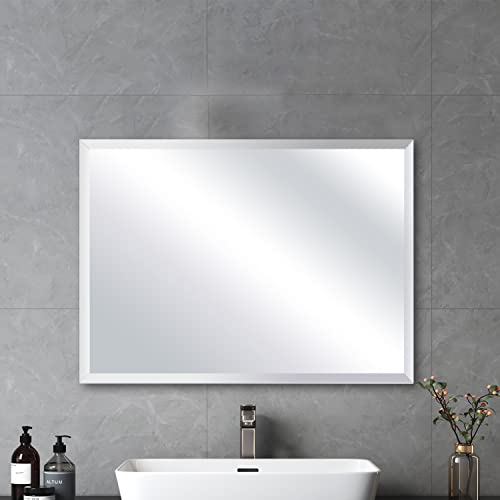 24x32 Inch Frameless Bathroom Mirror Rectangle Beveled Mirror Wall Mirror Explosion Proof and Shatterproof Bathroom Vanity Mirror Wall Mounted Hang Firmly (Horizontal or Vertical) - size: 24"L x 32"W