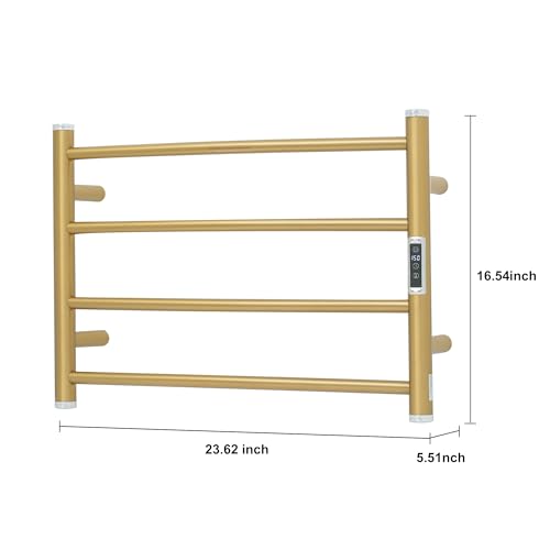 Electric Towel Warmer Rack,Heating Towel Warmer,Timer & Temperature Control,Wall-Mounted Plug-in for Bathroom,Gold,Stainless Steel,4-Bar(16.54x23.62x5.51in) - color: Round-matte Gold With Silver Top, size: 4 Bars