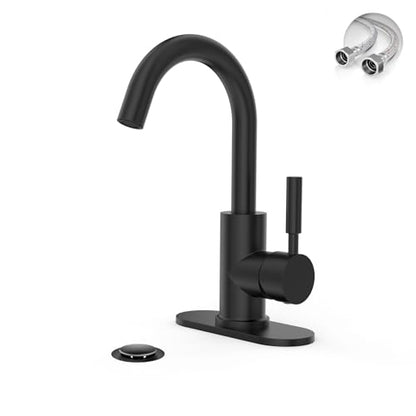 Single Hole Matte Black Single-Handle High-Arc Stainless Steel Faucet for Pre-Kitchen Sink/Bar Sink/Bathroom Sink, with 4 Inch Deck Plate and Supply Hoses, Matte Black, WE08E-MB - color: Matte Black