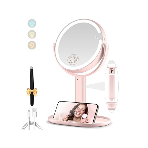MOMOKUBA Makeup Mirror with Lights, 20X Magnifying Mirrors, Height Adjustable, Vanity Mirror with Lights Rechargeable 3 Color Modes, Double-Sided Detachable Travel Mirrors, Gift for Women (Pink) - color: Blush