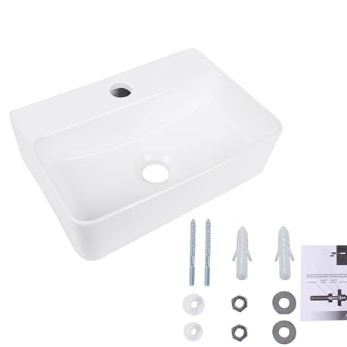 Wall Hung Bathroom Vessel Sink, QISHKA 14.5" X 10" Rectangular Floating Ceramic Wash Hand Basin White Wall Mount Vanity Sink for Small Bathroom and Small Cloakroom - size: 14.5" x 10" x 4.3"