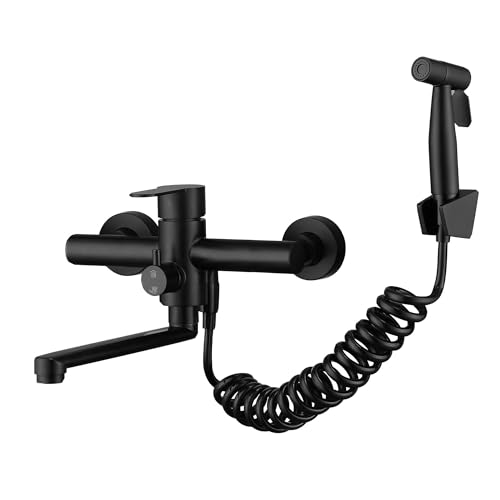 Kitchen Sink Wall Mount Faucet, Matte Black Commercial Faucet with Side Sprayer, Stainless Steel Mixer Tap, Unility Sink Faucet, 7.5-8.5 Inches Center, Spout Reach 9.2" - color: A Style, Matte Black