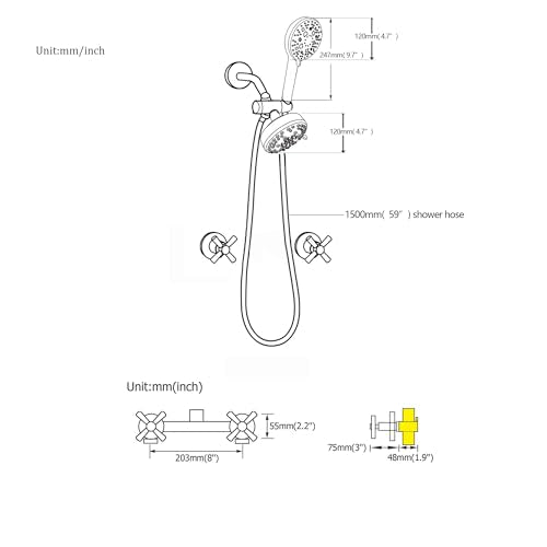 2 Handle Shower Faucet Black 2 in 1 Shower Combo Set with Valve | 9 Modes Hand Shower, 7 Modes Shower Head, Dual Head Work independently /Work Together, Brass Valve, NPT 1/2" US Connection - color: Matte Black, style: Style C