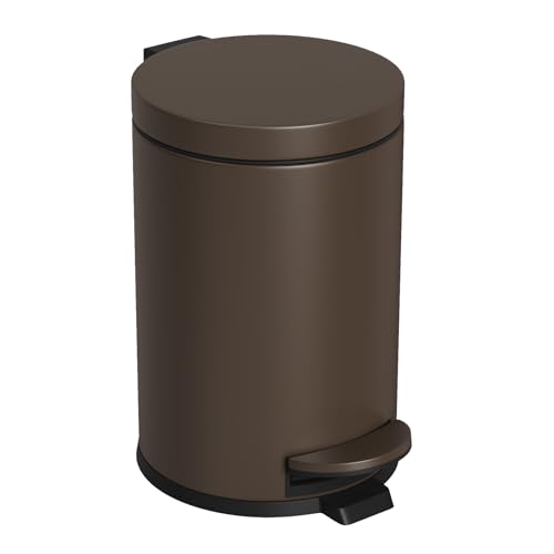 Cesun Small Round Bathroom Trash Can with Lid Soft Close, 1.2 Gal, Brown | Removable Inner Bucket, Stainless Steel Garbage Can for Bedroom/Office, Hands-Free Step Pedal, Fingerprint-Resistant - color: Brown