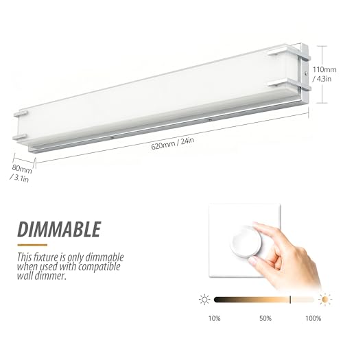 URSOLA LED Bathroom Light Fixtures Over Mirror 24.4” Vanity Light with Milky White Lampshade 4000K Daylight Chrome Finishing Bath Bar (Chrome) - color: Chrome, size: 24inch
