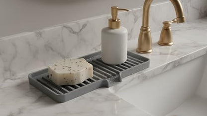 Silicone Soap Dish Tray and Sponge Holder with Drain Chute, Rectangular, Kitchen and Bathroom Sink Organizer (Vanilla Cream, 9"x3.5") - color: Vanilla Cream, size: (MD) 9"x3.5"
