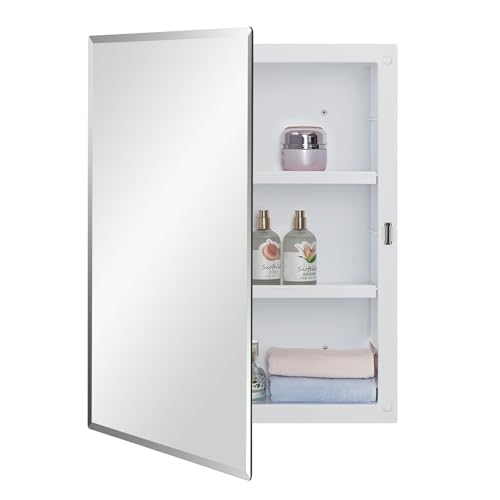 IDYLLOR Plastic Medicine Mirror Cabinet for Bathroom 16 x 20 inch, Surface and Recessed Mount - color: White, size: 16x20 inch Beveled Edge Mirror