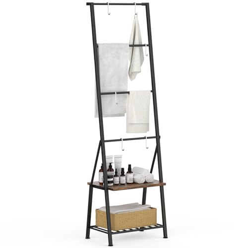 CADUKE Blanket Ladders for the Living Room, 6-Tier Rustic Blanket Rack Decorative Stand, Quilt Display Holder, Freestanding Towel Rack with Metal Frame, Wooden Shelf & 8 Hooks for Bedroom Bathroom
