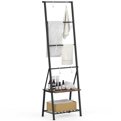 CADUKE Blanket Ladders for the Living Room, 6-Tier Rustic Blanket Rack Decorative Stand, Quilt Display Holder, Freestanding Towel Rack with Metal Frame, Wooden Shelf & 8 Hooks for Bedroom Bathroom