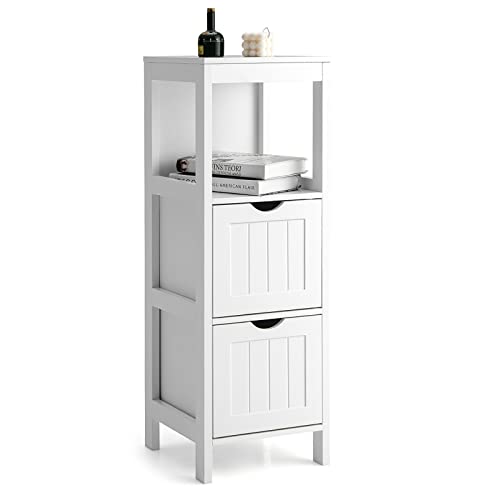 Tangkula Small Bathroom Storage Cabinet with 2 Removable Drawers, Wood Freestanding Floor Cabinet for Bathroom, Anti-Tipping Device, Side Corner Cabinet for Small Spaces (White) - color: White