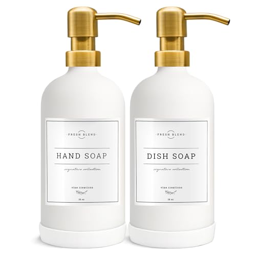 Vine Creations Glass Soap Dispenser, 2 Pack Kitchen Soap Dispenser Set with Stainless Steel Pump, 16 oz Dish Soap and Hand Soap Dispensers for Bathroom with Waterproof Labels (White) - color: Matte White Bottle / Gold Pump