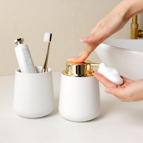 Bosilunlife 12Oz Ceramic Foam Soap Dispenser for Bathroom Kitchen Counter | Premium countertop foam pump creates delicate dense foam, stable desktop placement, Matte White with Gold - color: White&gold