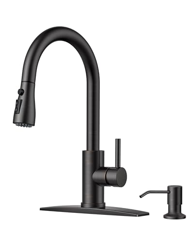 FORIOUS Kitchen Faucet with Soap Dispenser, High Arc, Oil Rubbed Bronze | Pull Down Sprayer, Lead-Free Stainless Steel, 3 mode Sprayer, Classic Single Handle Bar Sink Faucet for Rv Laundry Camper - color: Oil Rubbed Bronze, style: Classic