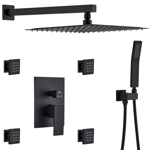 Rain Shower System With Complete 4 Pcs Body Sprays Jets And Pressured Balance Rough-in Valve,12Inch Rainfall Shower Head And Handheld, Modern Matte Black Wall Mount Shower Faucets Sets - color: Matte Black, style: Wall-Mounted 4 Jets