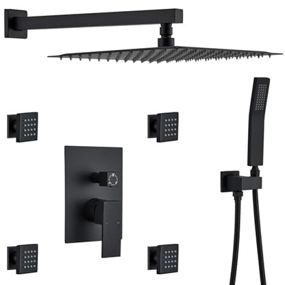 Rain Shower System With Complete 4 Pcs Body Sprays Jets And Pressured Balance Rough-in Valve,12Inch Rainfall Shower Head And Handheld, Modern Matte Black Wall Mount Shower Faucets Sets - color: Matte Black, style: Wall-Mounted 4 Jets