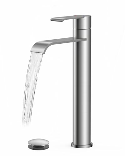 FORIOUS Waterfall Bathroom Vessel Sink Faucet Brushed Nickel Single Hole | Waterfall Brushed Nickel Tall Bathroom Faucet 1 Hole, Silver Bathroom Sink Faucet for Vessel Sink with Drain and Supply Line - color: Vessel Sink-Stainless Steel