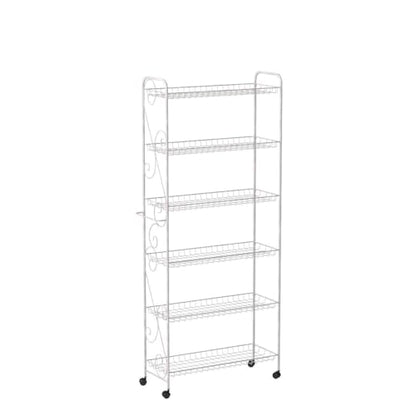 Collections Etc Slim Rolling Pantry 6-Tier Shelf, White Metal with Elegant Scroll Design Accent - Extra Kitchen and Bathroom Storage, 10" - size: 10"