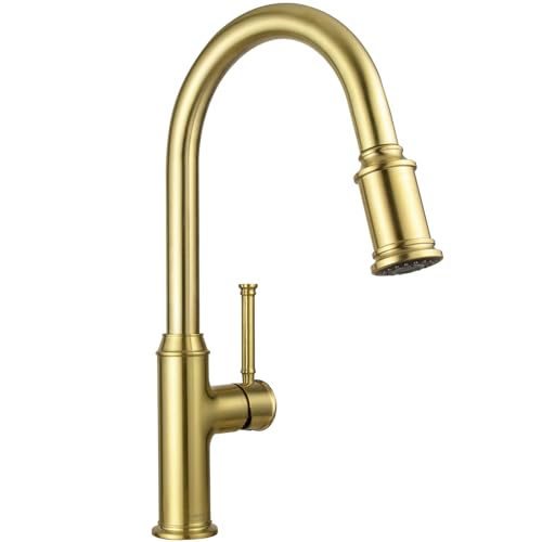 Lava Odoro Brushed Gold Kitchen Faucet with Pull Down Sprayer | Single Handle Kitchen Sink Faucet with 3-Function Sprayer, Deck Plate Included, 1.8GPM, KF421-SG - color: Brushed Gold, style: Standard