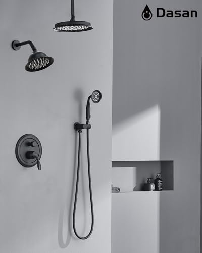 Dasan Antique Dual Rainfall Shower System, Matte Black, Complete Shower Fixture Combo, 9'' & 6'' Dual Rainfall Overhead Shower with Handheld, Valve & Trim Kit, AT3096C-MB - color: Matte Black