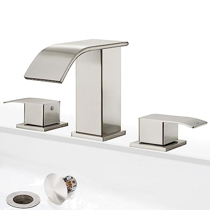 GAGALIFE 8 Inch Waterfall Bathroom Faucets 3 Hole - Brushed Nickel Widespread Bathroom Faucet with Pop-up Drain, Two Handles Bathroom Sink Faucet, Modern Vanity Sink faucets with Supply Lines - color: Brushed Nickel, style: With Drain