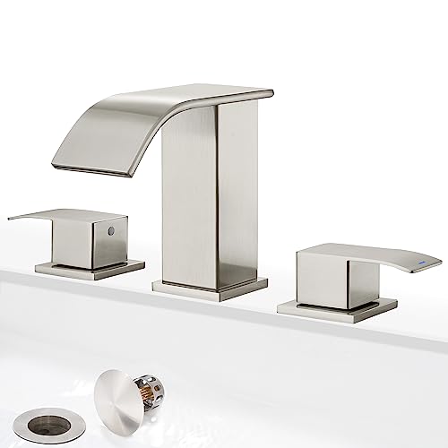 GAGALIFE 8 Inch Waterfall Bathroom Faucets 3 Hole - Brushed Nickel Widespread Bathroom Faucet with Pop-up Drain, Two Handles Bathroom Sink Faucet, Modern Vanity Sink faucets with Supply Lines - color: Brushed Nickel, style: With Drain