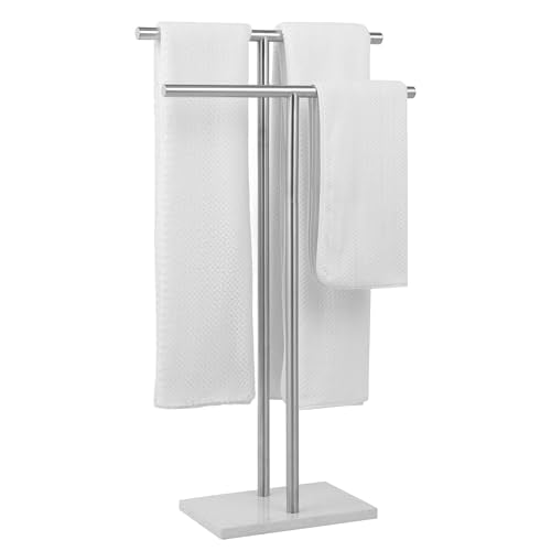 Free Standing Towel Rack for Bathroom - Brushed Nickel Finish - Stand Alone 2 Tier Stainless Steel Towel Rack for Bathroom Floor with Heavy Marble Base, Double T Shape Drying Stand for Towels - color: Brushed Nickel