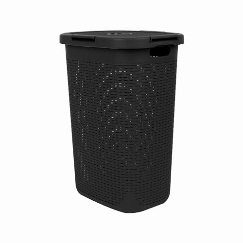 Mind Reader 60L Slim Laundry Hamper, Clothes Basket, Lid, Wicker Design, Plastic, 17.65"L x 13.75"W x 24.15"H, Black - color: Black, size: 1 Piece