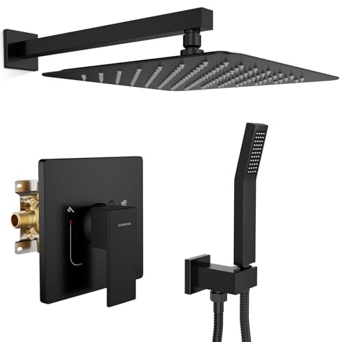 SR SUN RISE Shower Faucet Set & System - 12 Inch Rainfall Shower Head & Handle Set Wall Mounted Matte Black Solid Brass Valve Trim Kit Included - color: Matte Black, size: 12 Inch