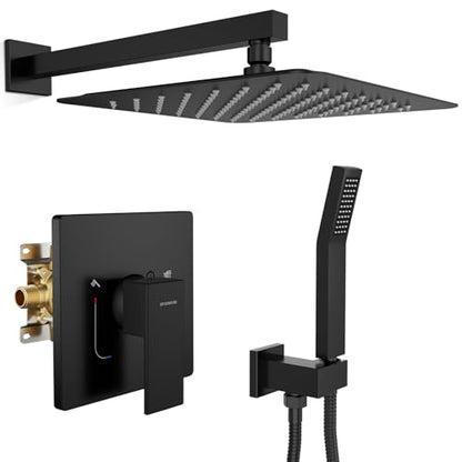 SR SUN RISE Shower Faucet Set & System - 12 Inch Rainfall Shower Head & Handle Set Wall Mounted Matte Black Solid Brass Valve Trim Kit Included - color: Matte Black, size: 12 Inch