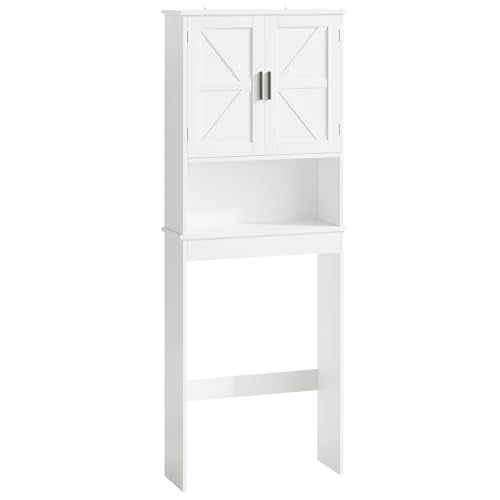 Over the Toilet Storage Cabinet with Double Doors, White Bathroom Storage Cabinets Above Toilet with Adjustable Shelf, Slim Narrow Toilet Rack for Bathroom, White (Engineered Wood)