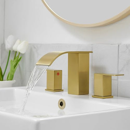 RUMOSE Bathroom Faucets Gold Bathroom Sink Faucet 3 Hole with Drain | 8 inch Widespread 2 Handles Lavatory Vanity Faucet Set, Waterfall Spout, Deck Mounted, Pop Up Drain, Stainless Steel - color: Brushed Gold