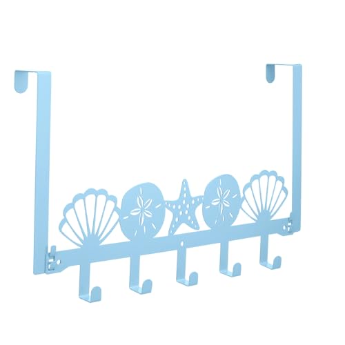 AceOrbit Blue Beach Over The Door Hooks Seashells and Starfish Wall Mount Bathroom Towel Hanger Decorative Nautical Coastal Door Holder Rack with 5 Hooks Hanging for Coat Keys Bags Home Room Decor - color: Blue, style: Seashells and Starfish