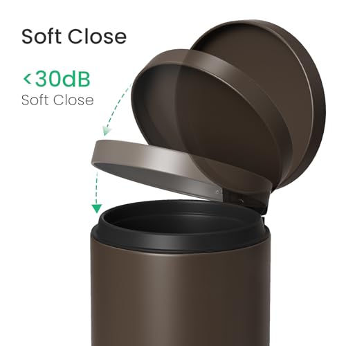 Cesun Small Round Bathroom Trash Can with Lid Soft Close, 1.2 Gal, Brown | Removable Inner Bucket, Stainless Steel Garbage Can for Bedroom/Office, Hands-Free Step Pedal, Fingerprint-Resistant - color: Brown