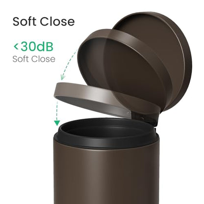 Cesun Small Round Bathroom Trash Can with Lid Soft Close, 1.2 Gal, Brown | Removable Inner Bucket, Stainless Steel Garbage Can for Bedroom/Office, Hands-Free Step Pedal, Fingerprint-Resistant - color: Brown