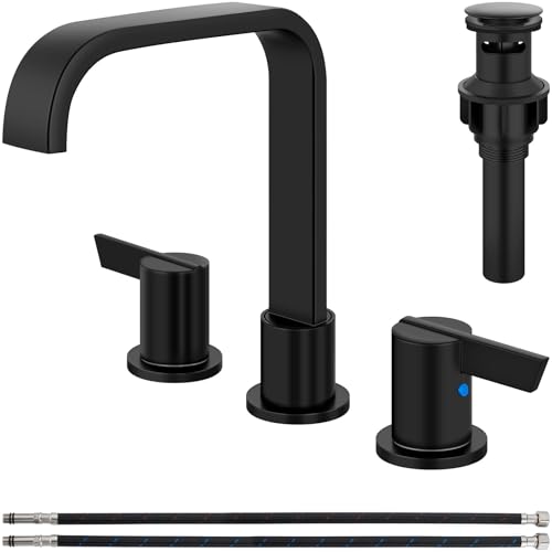 Matte Black Bathroom Faucet 3 Hole 8 Inch Widespread Waterfall | 2-Handle Vanity Faucet, Pop-Up Drain, Supply Lines, Adjustable 4- to 16-Inch Widespread Fit, 360° Swivel Spout - color: Matte Black
