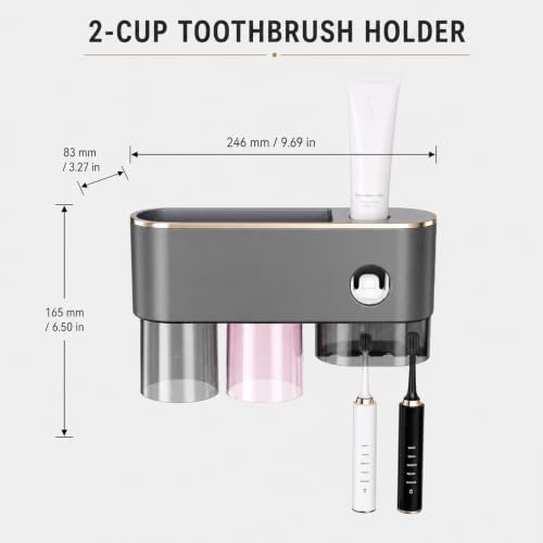Bathroom Toothbrush Holder —Wall-Mounted Toothbrush Organizer (with Automatic Toothpaste Dispenser), Magnetic Rinse Cup Design, No-Drill Bathroom Vanity Storage Tray (Gunmetal Gray (2 Cups)) - color: Gunmetal Gray (2 Cups)