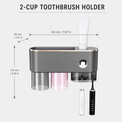 Bathroom Toothbrush Holder —Wall-Mounted Toothbrush Organizer (with Automatic Toothpaste Dispenser), Magnetic Rinse Cup Design, No-Drill Bathroom Vanity Storage Tray (Gunmetal Gray (2 Cups)) - color: Gunmetal Gray (2 Cups)