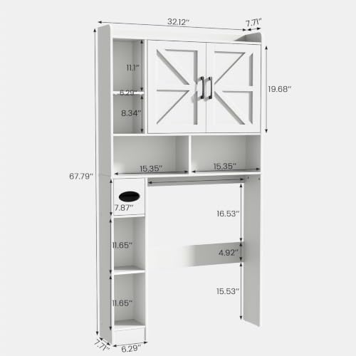 Vabches Over The Toilet Storage Cabinet with 2 Barn Doors, White | Toilet Paper Holder Stand，Home Space-Saving Toilet Rack, for Bathroom, Restroom, Laundry - color: White
