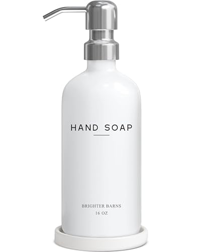 White Glass Hand Soap Dispenser Bathroom Set by Brighter Barns - Bathroom Soap Dispenser Set with Ceramic Tray - Refillable Glass Bottle Pump - Modern Home Decor for Airbnb, Hotel, Restaurants (White) - color: Silver H