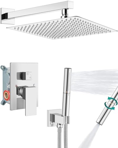 Aolemi Shower System with Rain Head and Handheld,16-Inch,Polish Chrome | High-Pressure Shower Faucet Set with Dual-Function Handheld,Rough-In Valve,1.8 GPM,Wall-Mount Trim Kit - color: Polish Chrome, size: 16 Inch